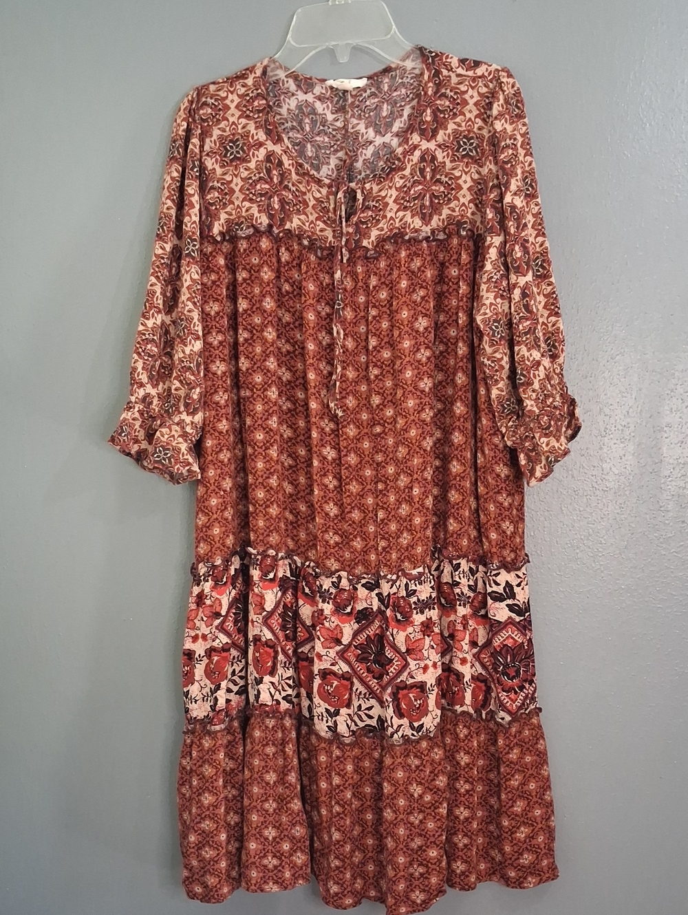 Bohemian Rust Floral Tiered Midi Dress